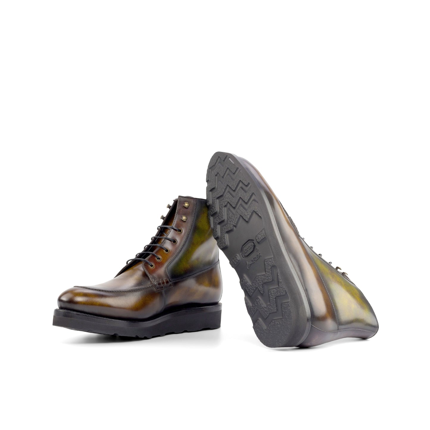 Moc Toe Boot in Green Museum Patina Box Calf and Fire Museum Patina Box Calf showing black vibram rubber sole
