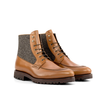 Moc Toe Boot in Black Herringbone Fabric and Cognac Box Calf, front three-quarter view