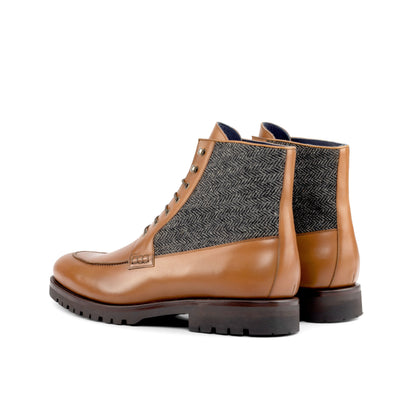 Moc Toe Boot in Black Herringbone Fabric and Cognac Box Calf, rear three-quarter view