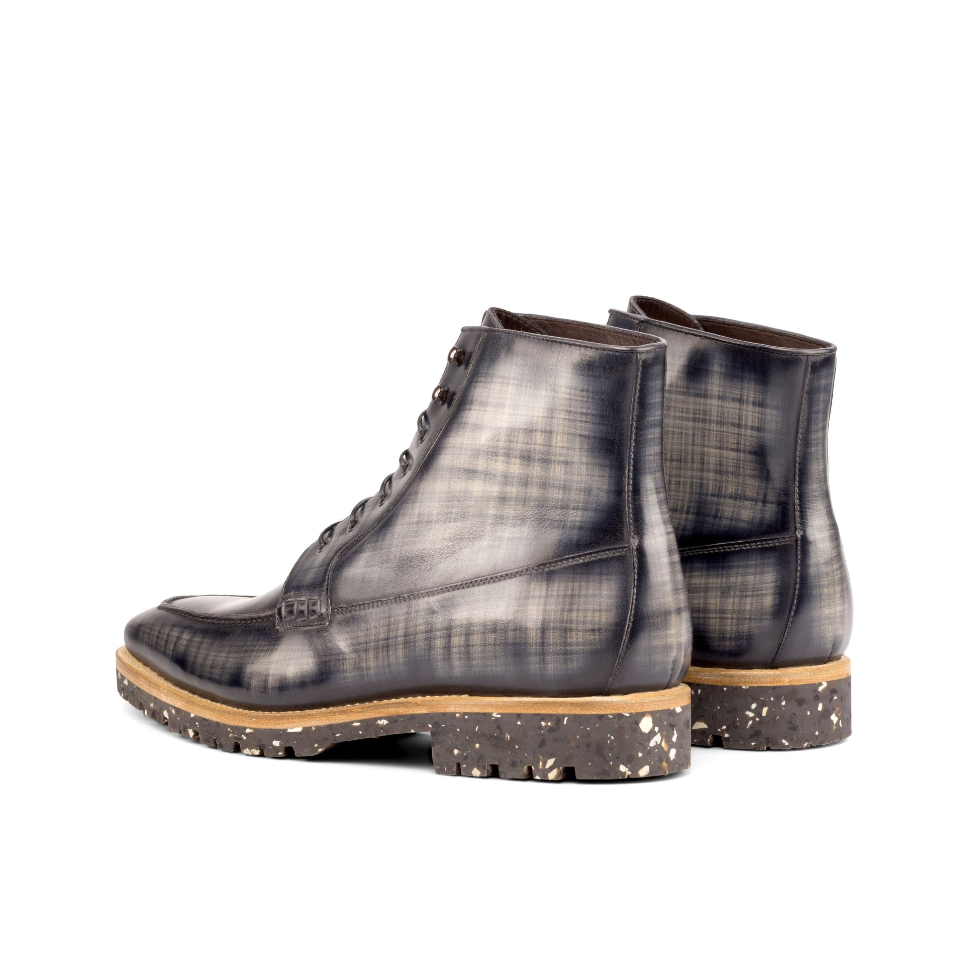 Moc Toe Boot in Grey Patina Box Calf, rear three-quarter view