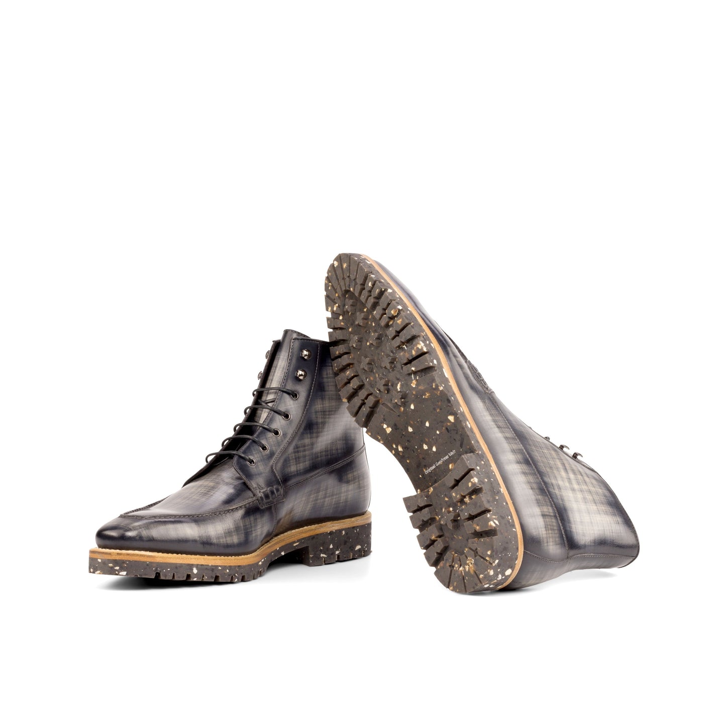Moc Toe Boot in Grey Patina Box Calf showing recycled commando rubber sole