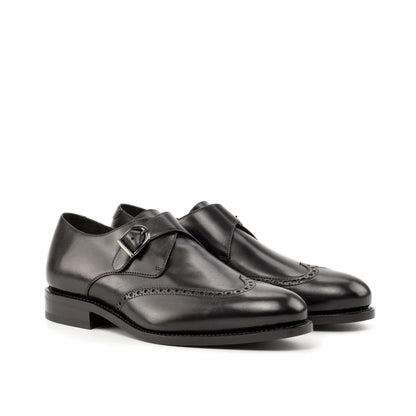 Single Monk Strap in Black Herringbone Fabric and Black Box Calf, front three-quarter view