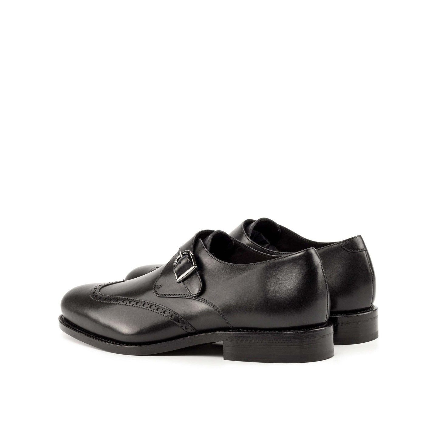 Single Monk Strap in Black Herringbone Fabric and Black Box Calf, rear three-quarter view