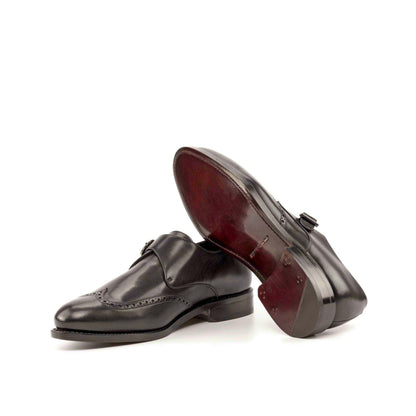 Single Monk Strap in Black Herringbone Fabric and Black Box Calf showing dark red leather sole