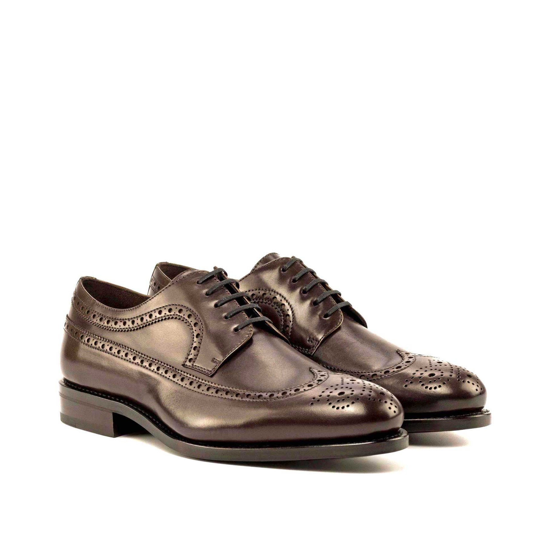 Long Wingtip Derby in Dark Brown Box Calf, front three-quarter view