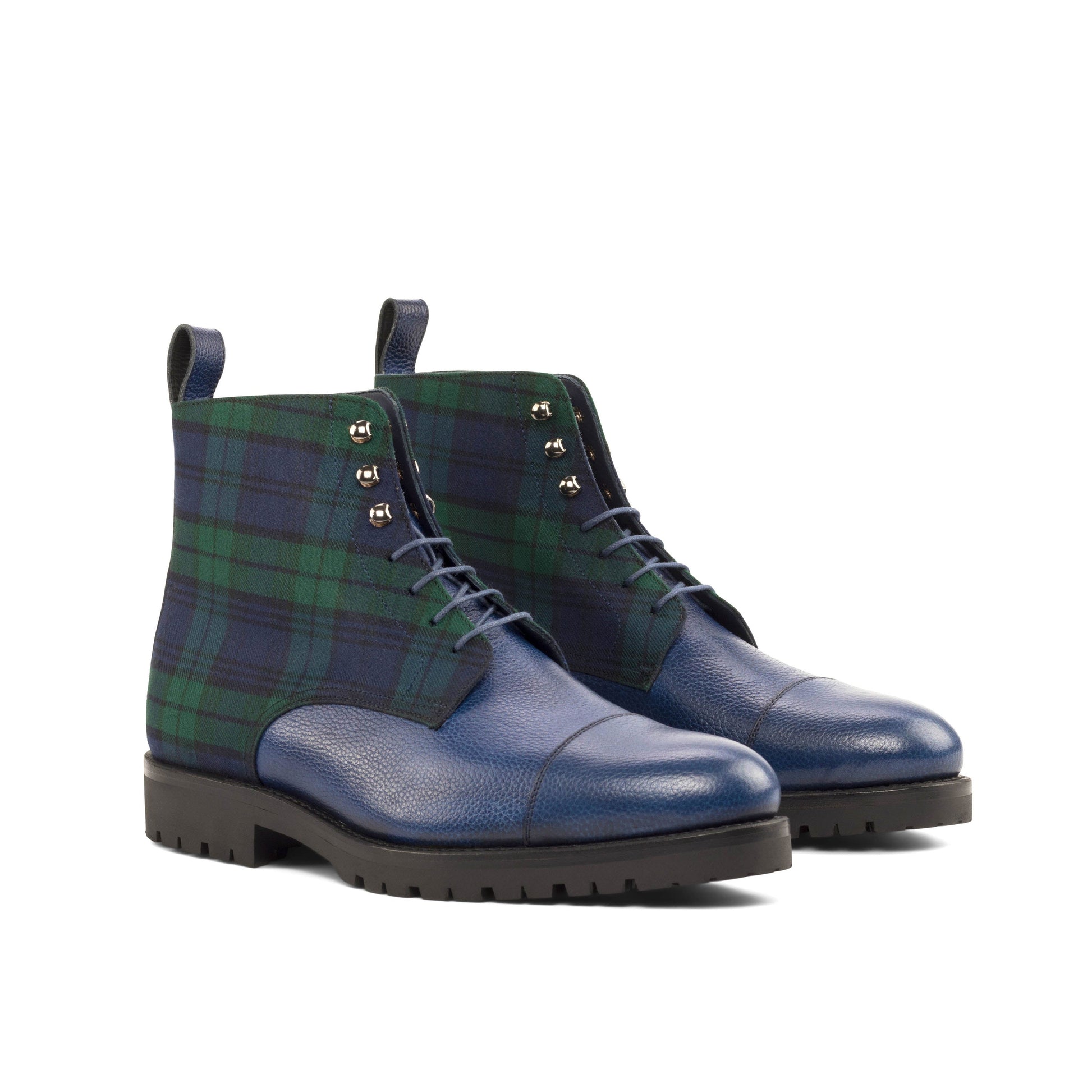 Jumper Boot in Blackwatch Wool and Navy Painted Full-Grain Box Calf, front three-quarter view