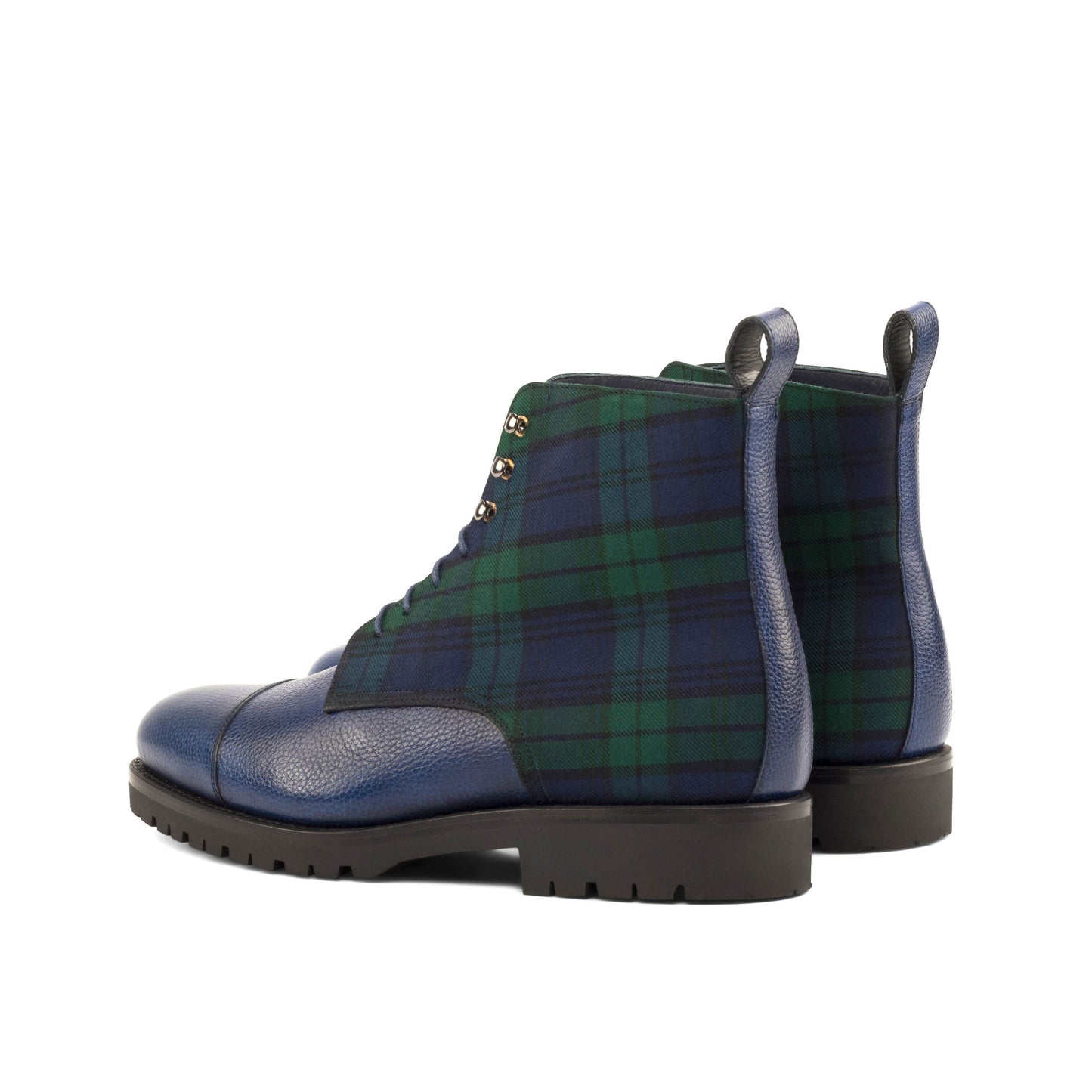 Jumper Boot in Blackwatch Wool and Navy Painted Full-Grain Box Calf, rear three-quarter view