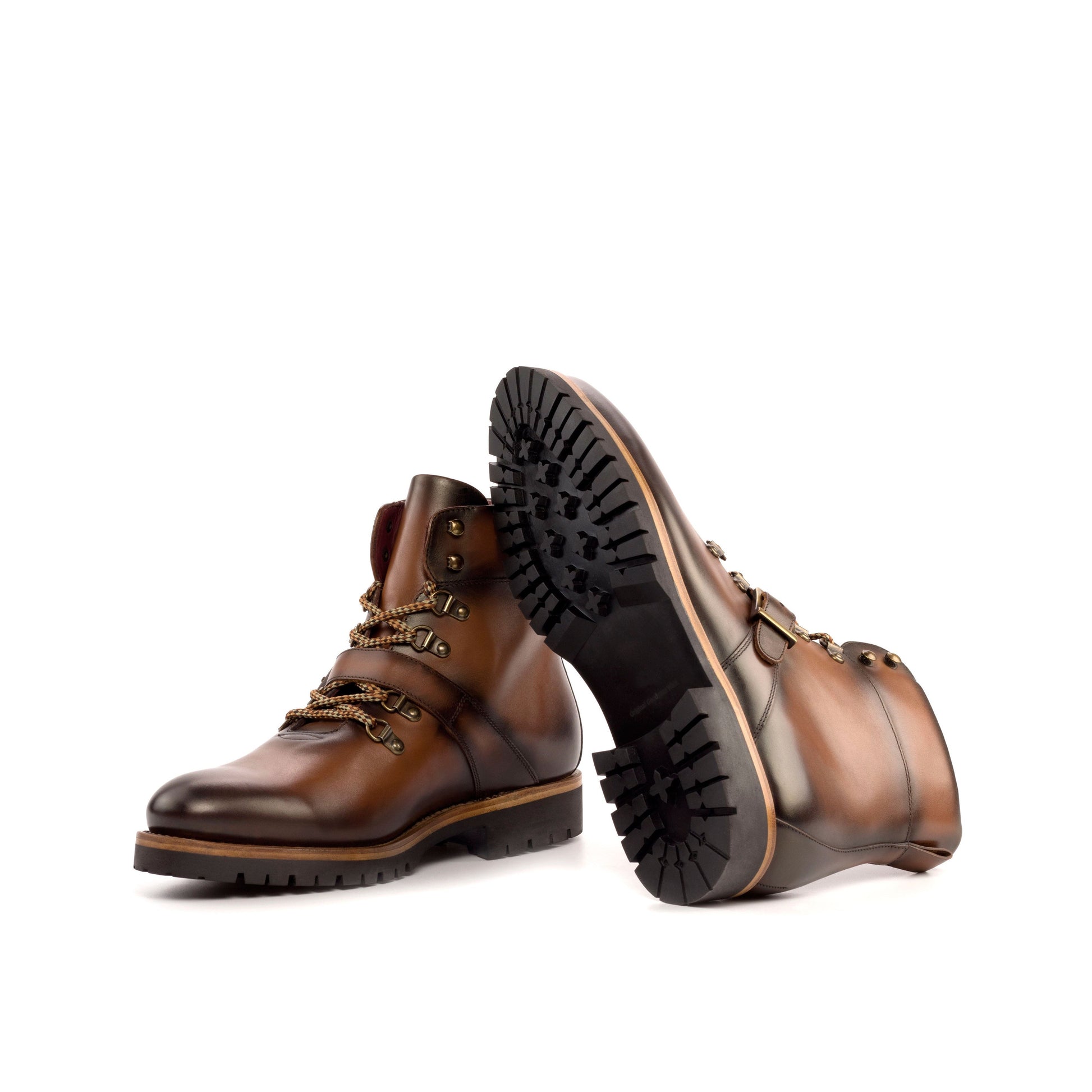 Hiking Boot in Burnished Dark Brown Box Calf showing black commando rubber sole