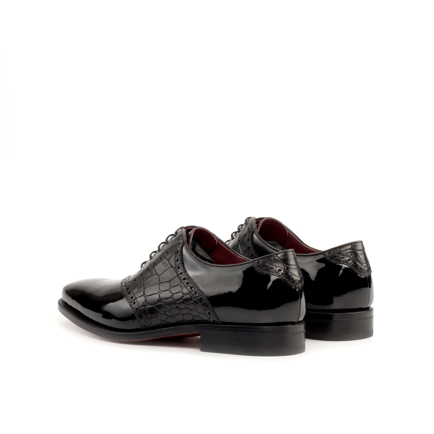 Saddle Shoe in Black Patent Leather and Black Painted Croco-Embossed Box Calf, rear three-quarter view
