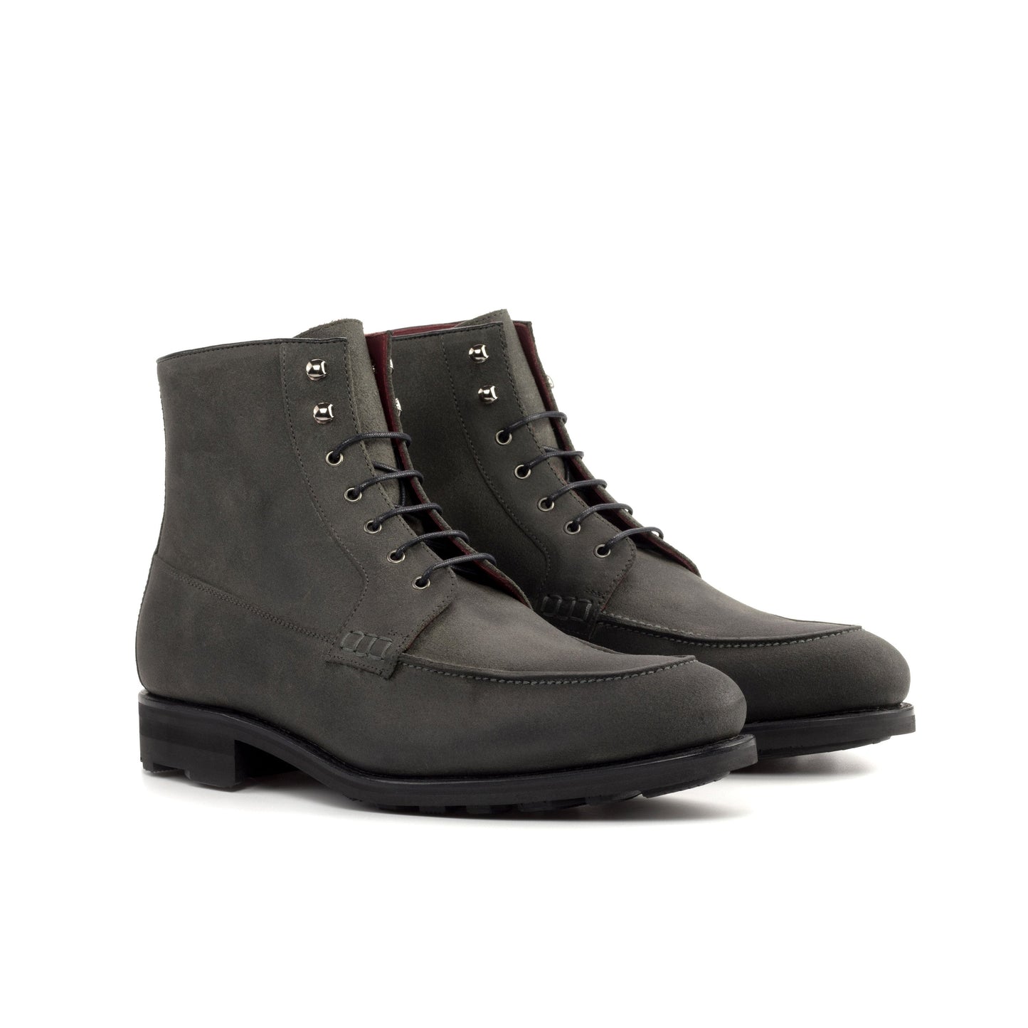 Moc Toe Boot in Grey Waxed Leather and Black Box Calf, front three-quarter view