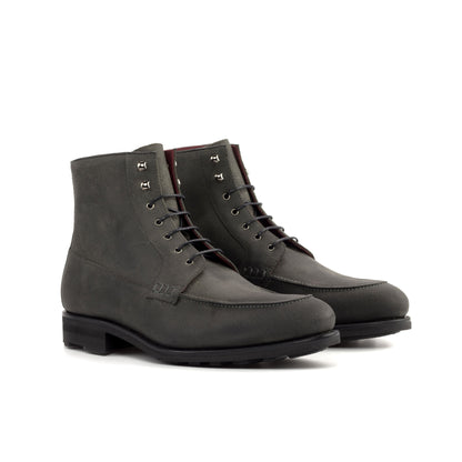 Moc Toe Boot in Grey Waxed Leather and Black Box Calf, front three-quarter view