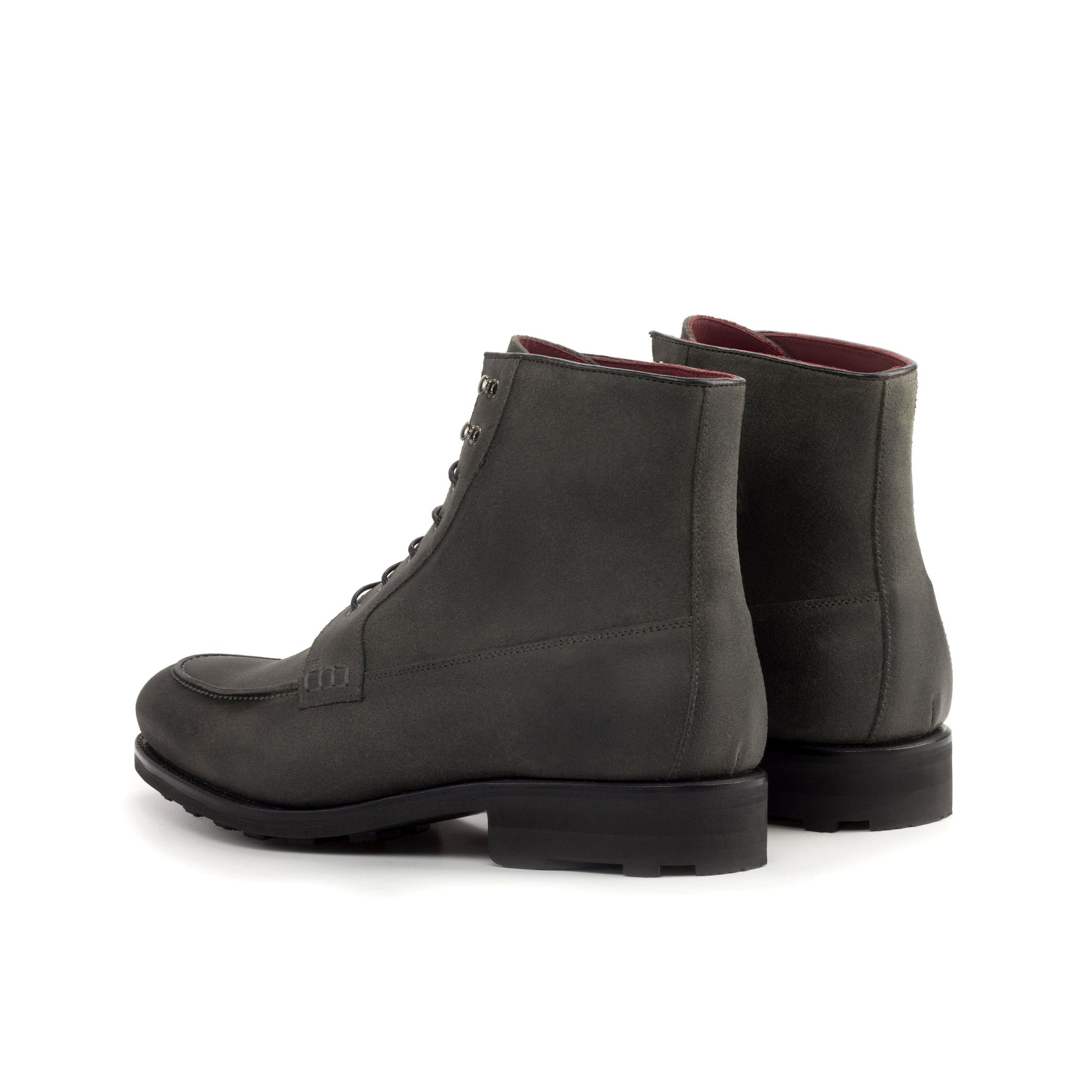 Moc Toe Boot in Grey Waxed Leather and Black Box Calf, rear three-quarter view