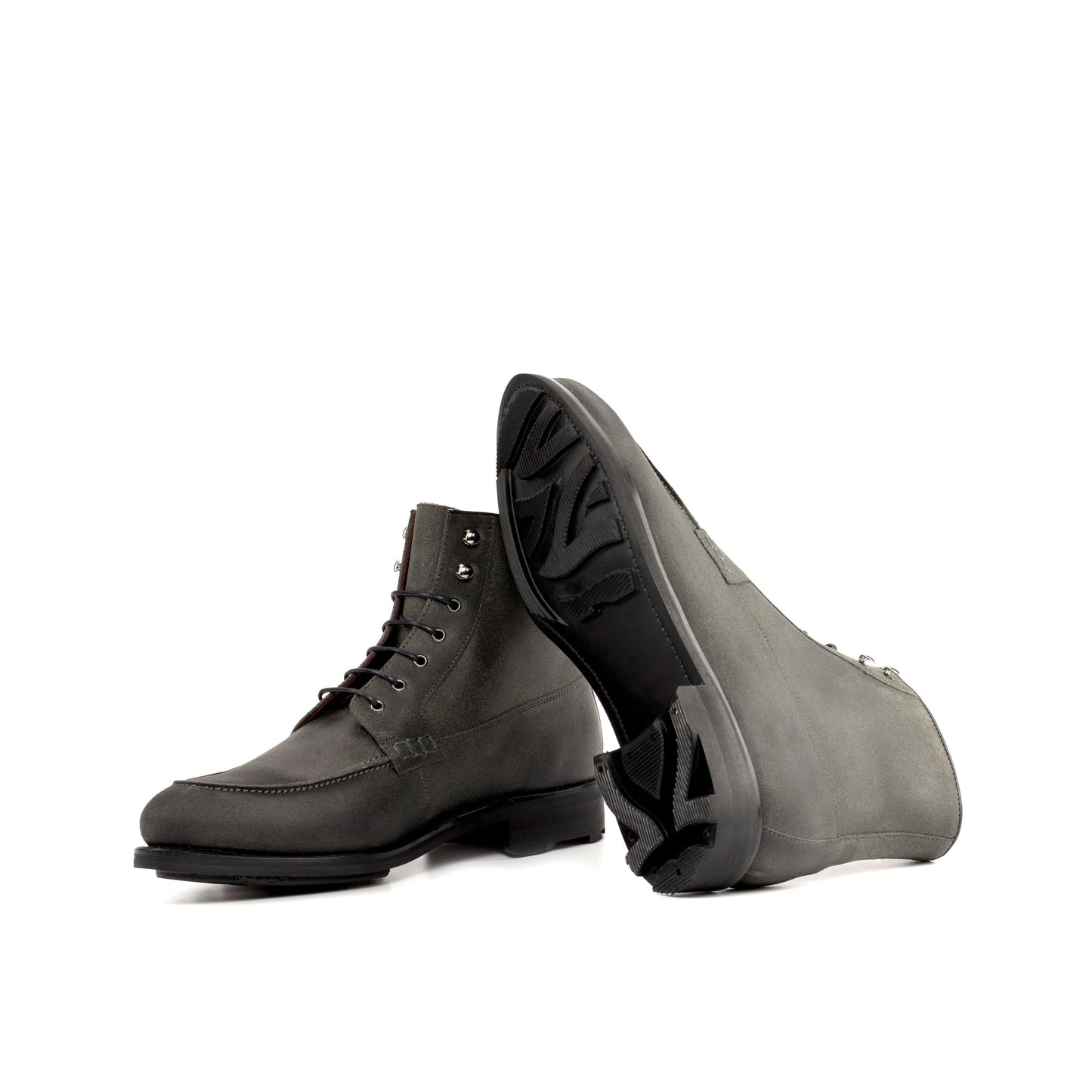 Moc Toe Boot in Grey Waxed Leather and Black Box Calf showing black rocky rubber sole