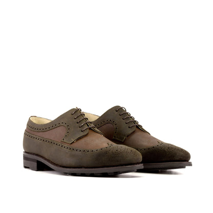 Long Wingtip Derby in Green Waxed Leather and Brown Waxed Leather, front three-quarter view