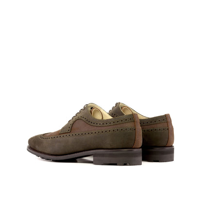 Long Wingtip Derby in Green Waxed Leather and Brown Waxed Leather, rear three-quarter view