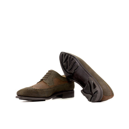 Long Wingtip Derby in Green Waxed Leather and Brown Waxed Leather showing black rocky rubber sole