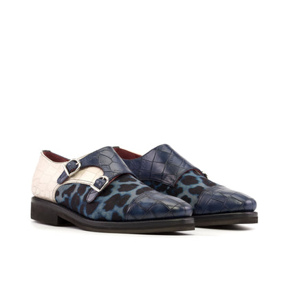Double Monk Strap in Navy Painted Croco-Embossed Box Calf and Blue Leopard-Pattern Fabric, front three-quarter view