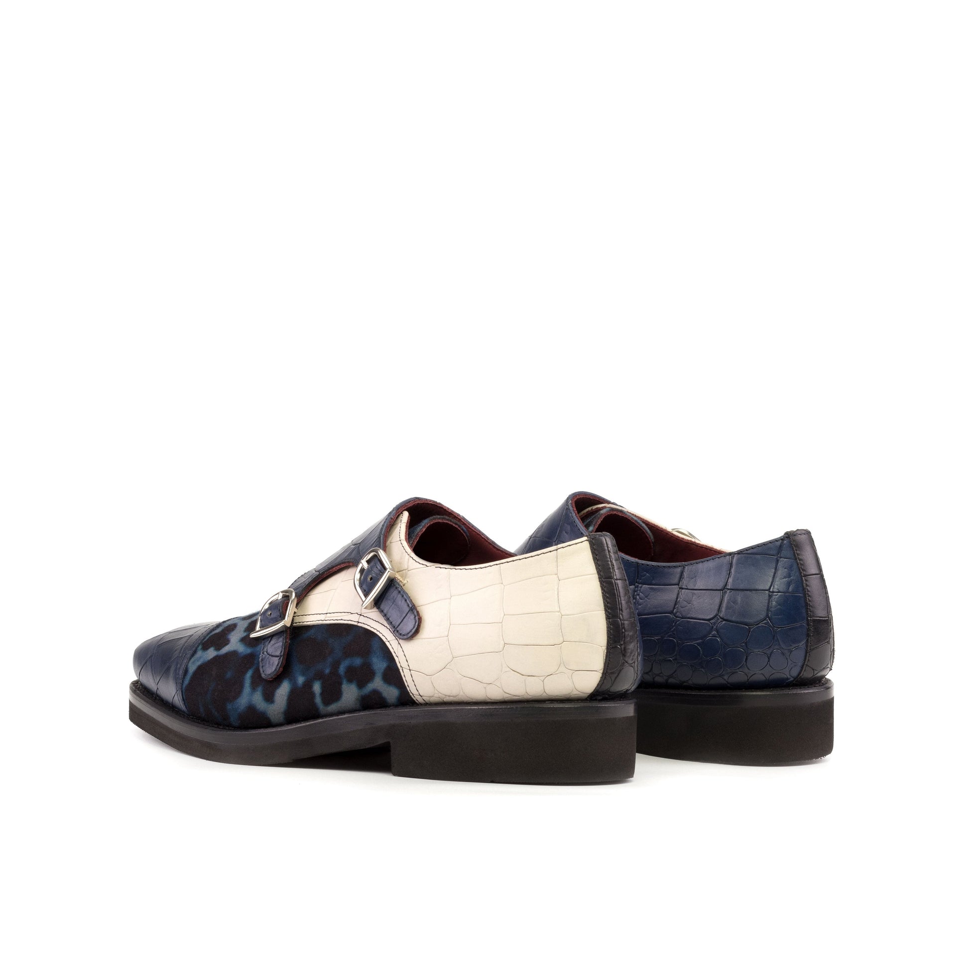 Double Monk Strap in Navy Painted Croco-Embossed Box Calf and Blue Leopard-Pattern Fabric, rear three-quarter view