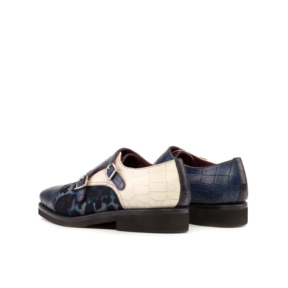 Double Monk Strap in Navy Painted Croco-Embossed Box Calf and Blue Leopard-Pattern Fabric, rear three-quarter view