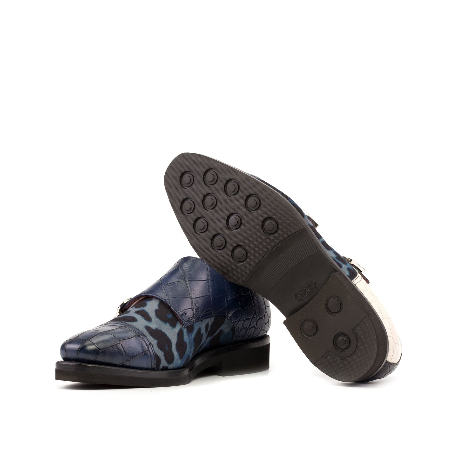 Double Monk Strap in Navy Painted Croco-Embossed Box Calf and Blue Leopard-Pattern Fabric showing brown rubber sole