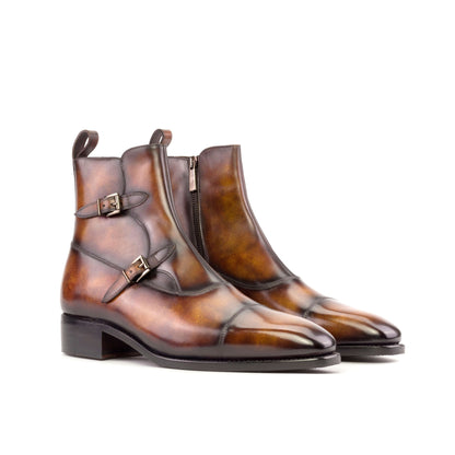 Double Buckle Boot in Fire Museum Patina Box Calf, front three-quarter view