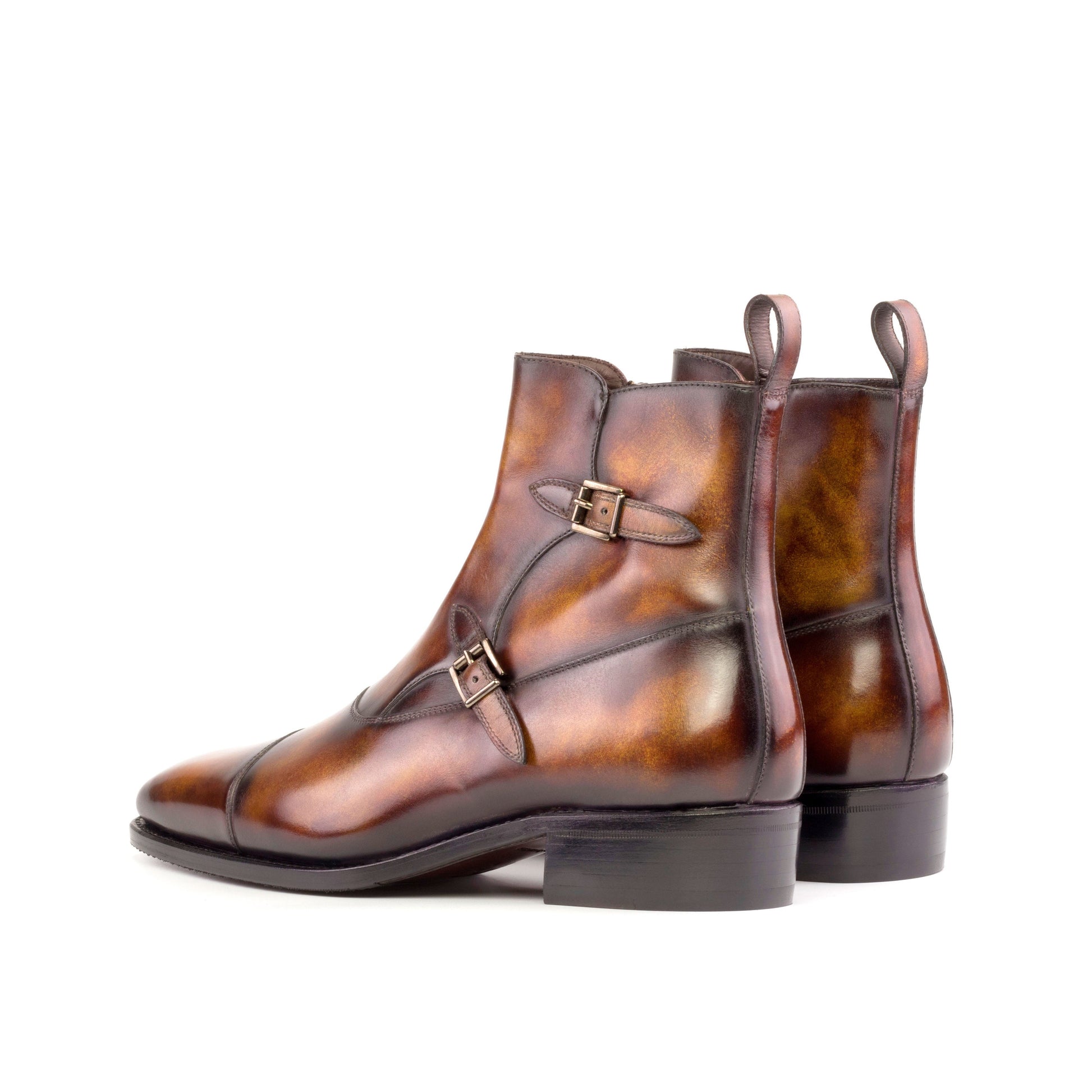 Double Buckle Boot in Fire Museum Patina Box Calf, rear three-quarter view