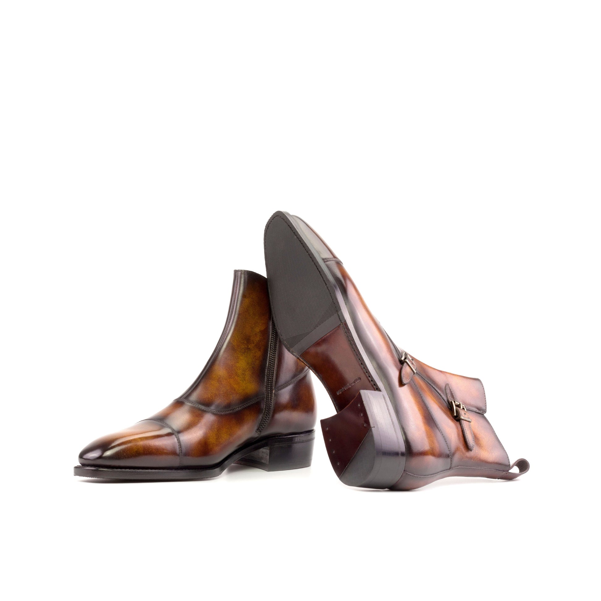 Double Buckle Boot in Fire Museum Patina Box Calf showing brown leather and rubber combination sole