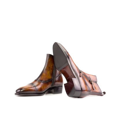Double Buckle Boot in Fire Museum Patina Box Calf showing brown leather and rubber combination sole