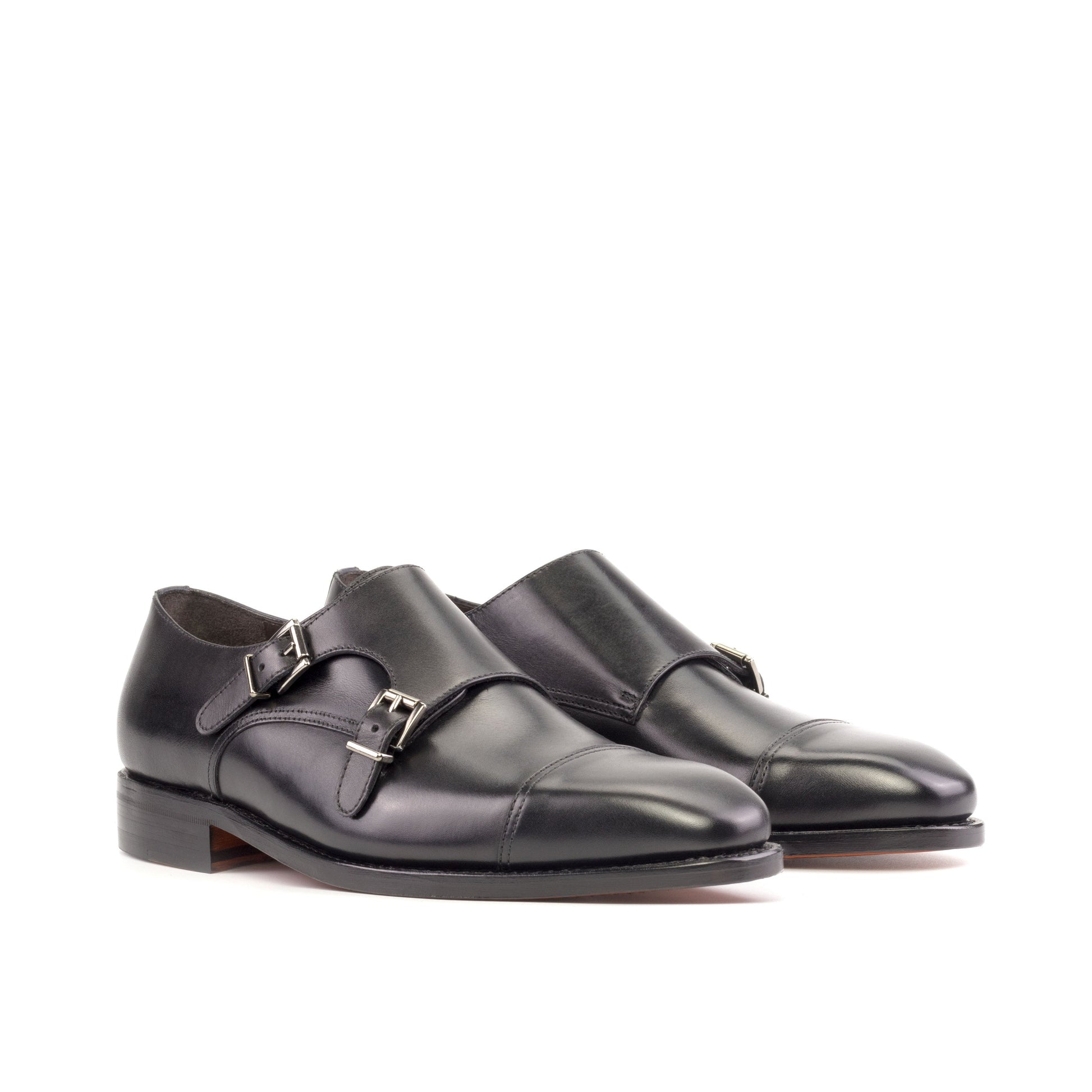 Double Monk Strap in Black Box Calf, front three-quarter view