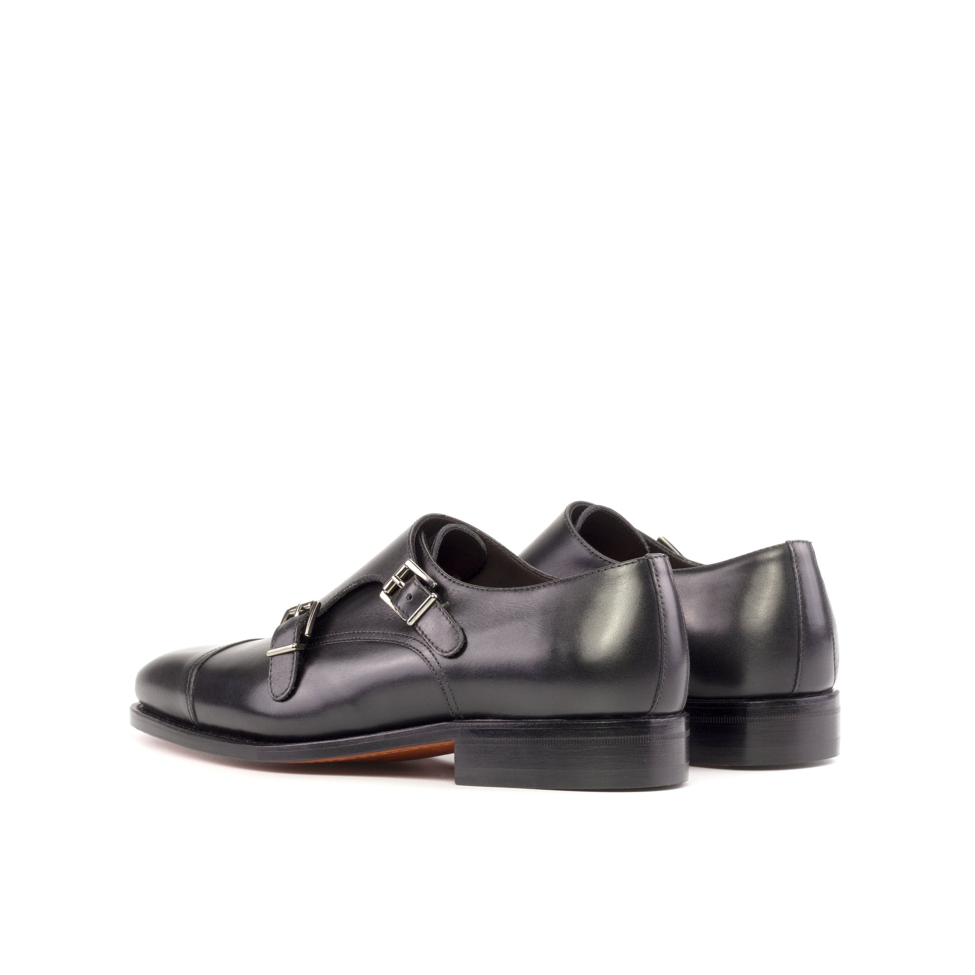 Double Monk Strap in Black Box Calf, rear three-quarter view