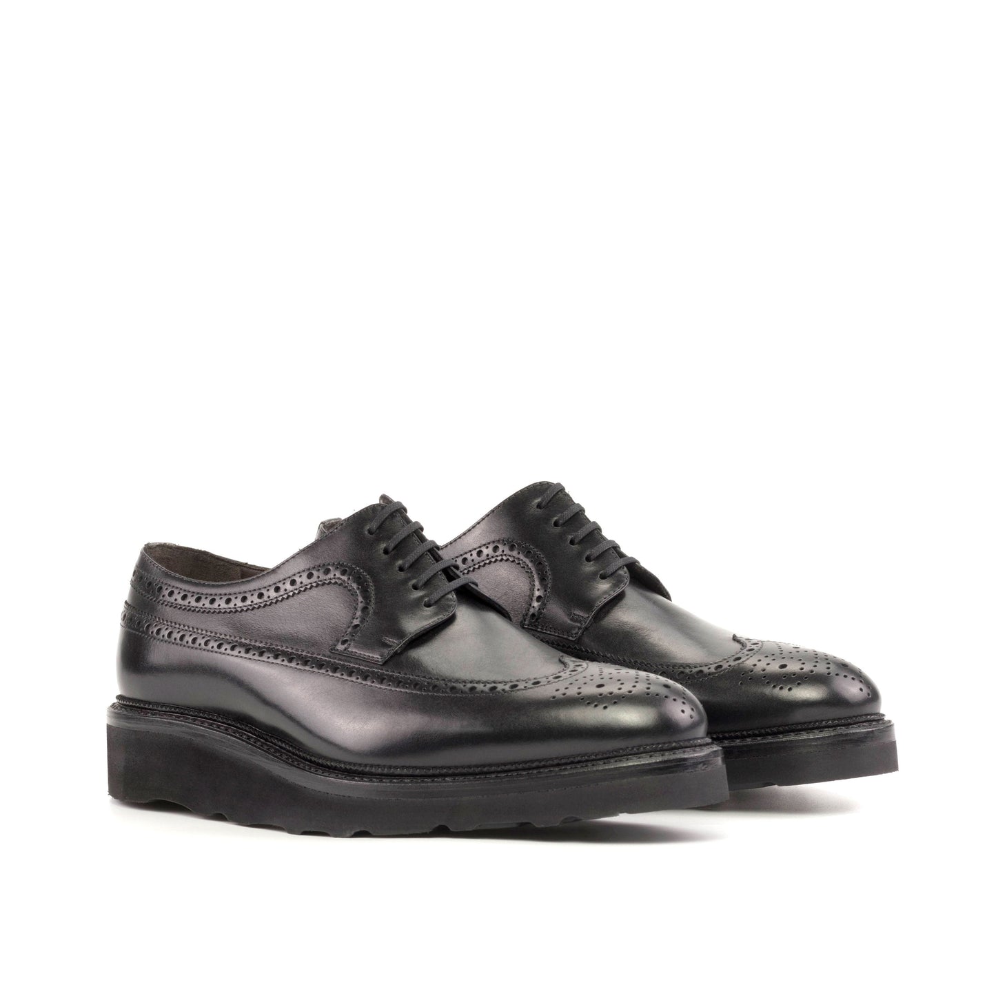 Long Wingtip Derby in Black Box Calf, front three-quarter view