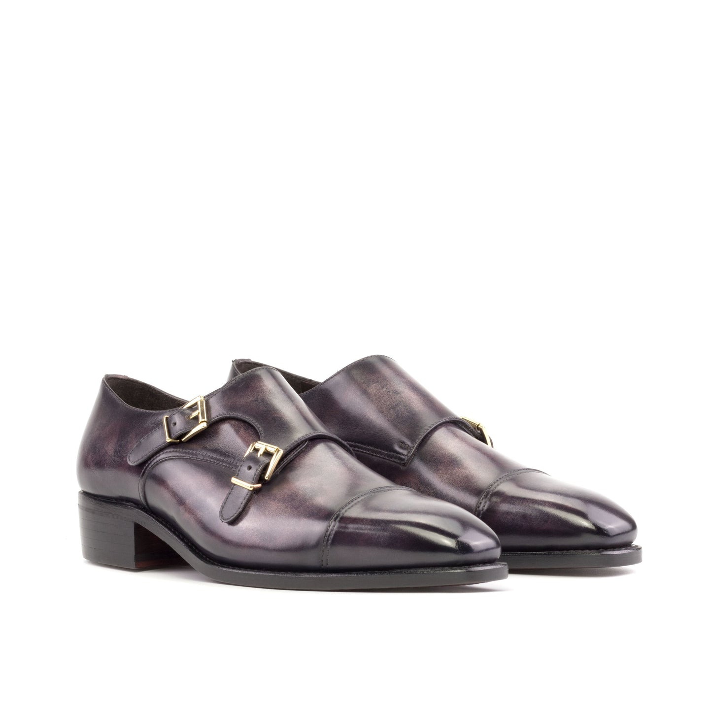 Double Monk Strap in Aubergine Museum Patina Box Calf, front three-quarter view