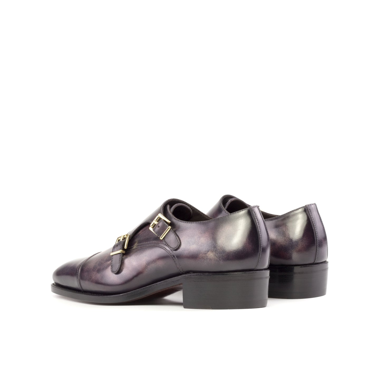 Double Monk Strap in Aubergine Museum Patina Box Calf, rear three-quarter view
