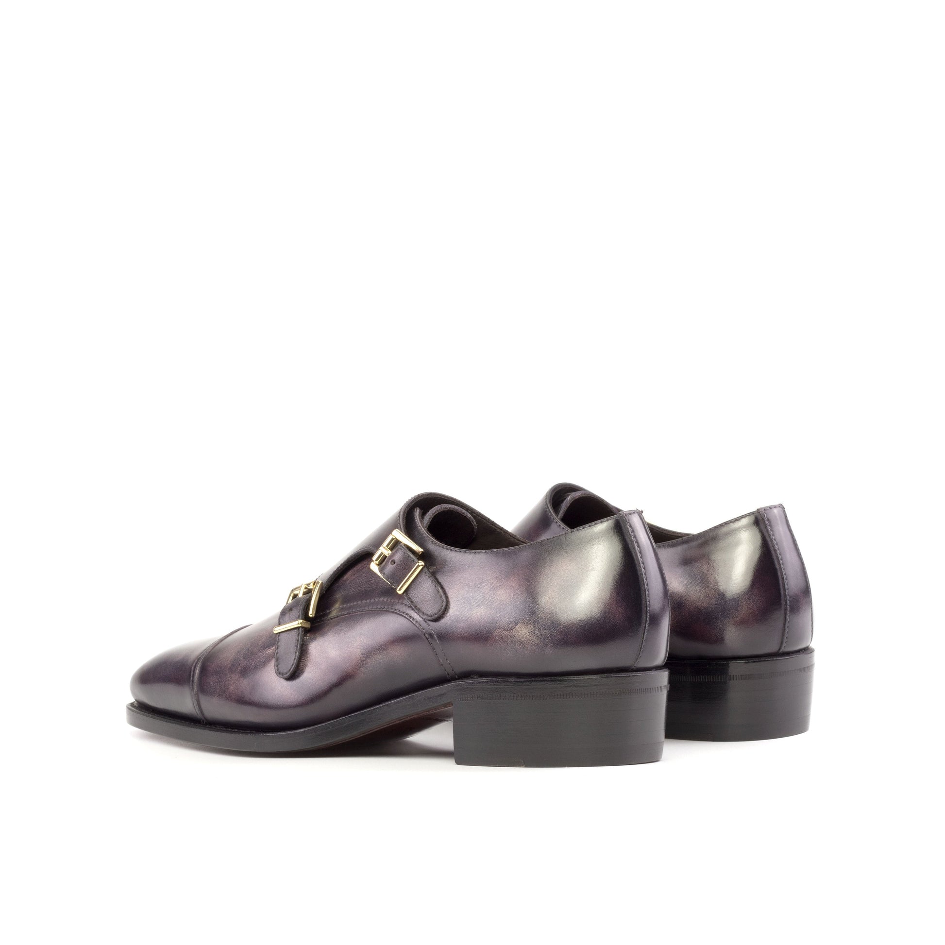 Double Monk Strap in Aubergine Museum Patina Box Calf, rear three-quarter view