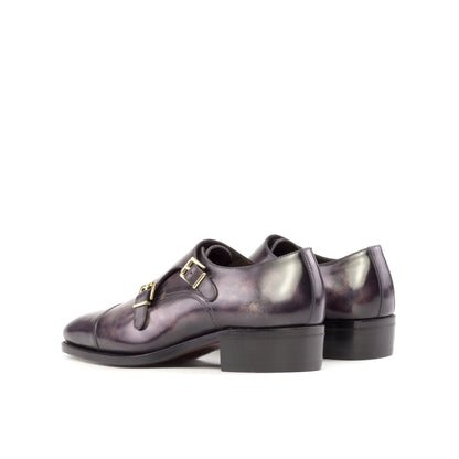 Double Monk Strap in Aubergine Museum Patina Box Calf, rear three-quarter view