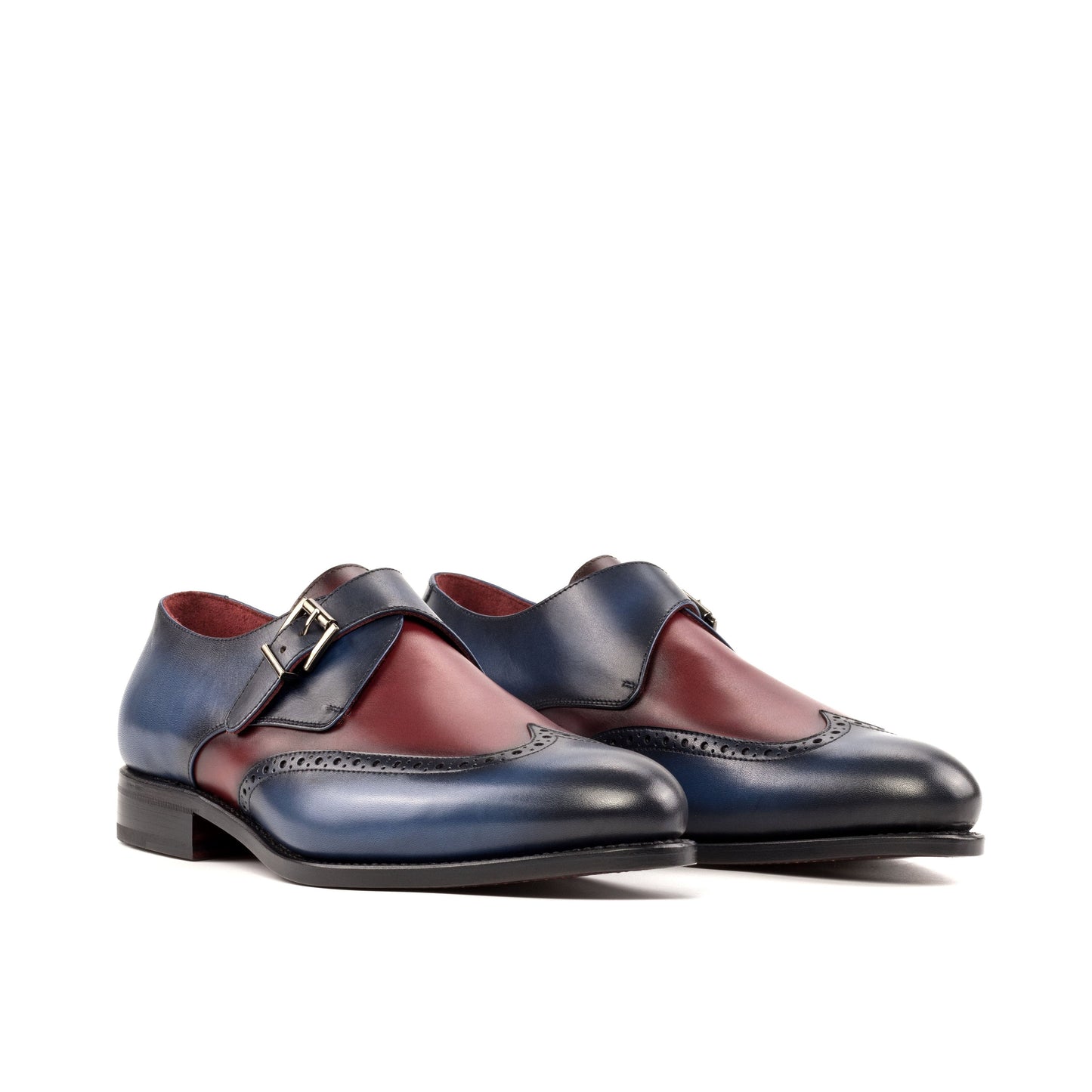 Single Monk Strap in Burnished Navy Painted Box Calf and Burnished Burgundy Box Calf, front three-quarter view