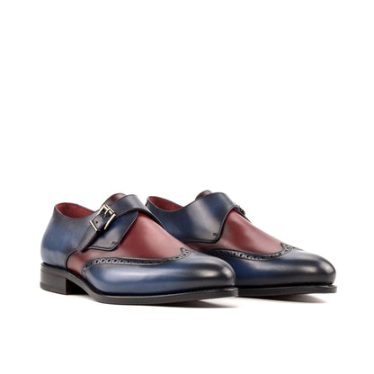 Single Monk Strap in Burnished Navy Painted Box Calf and Burnished Burgundy Box Calf, front three-quarter view