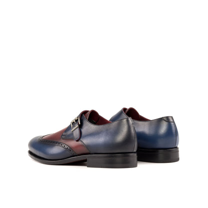 Single Monk Strap in Burnished Navy Painted Box Calf and Burnished Burgundy Box Calf, rear three-quarter view