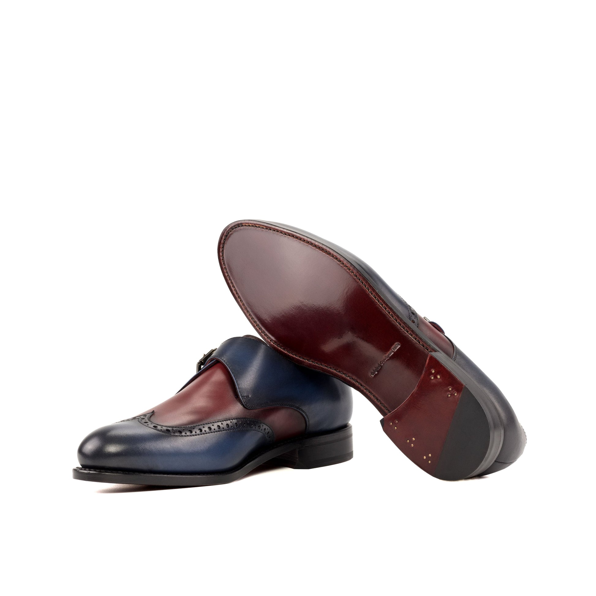 Single Monk Strap in Burnished Navy Painted Box Calf and Burnished Burgundy Box Calf showing dark red leather sole