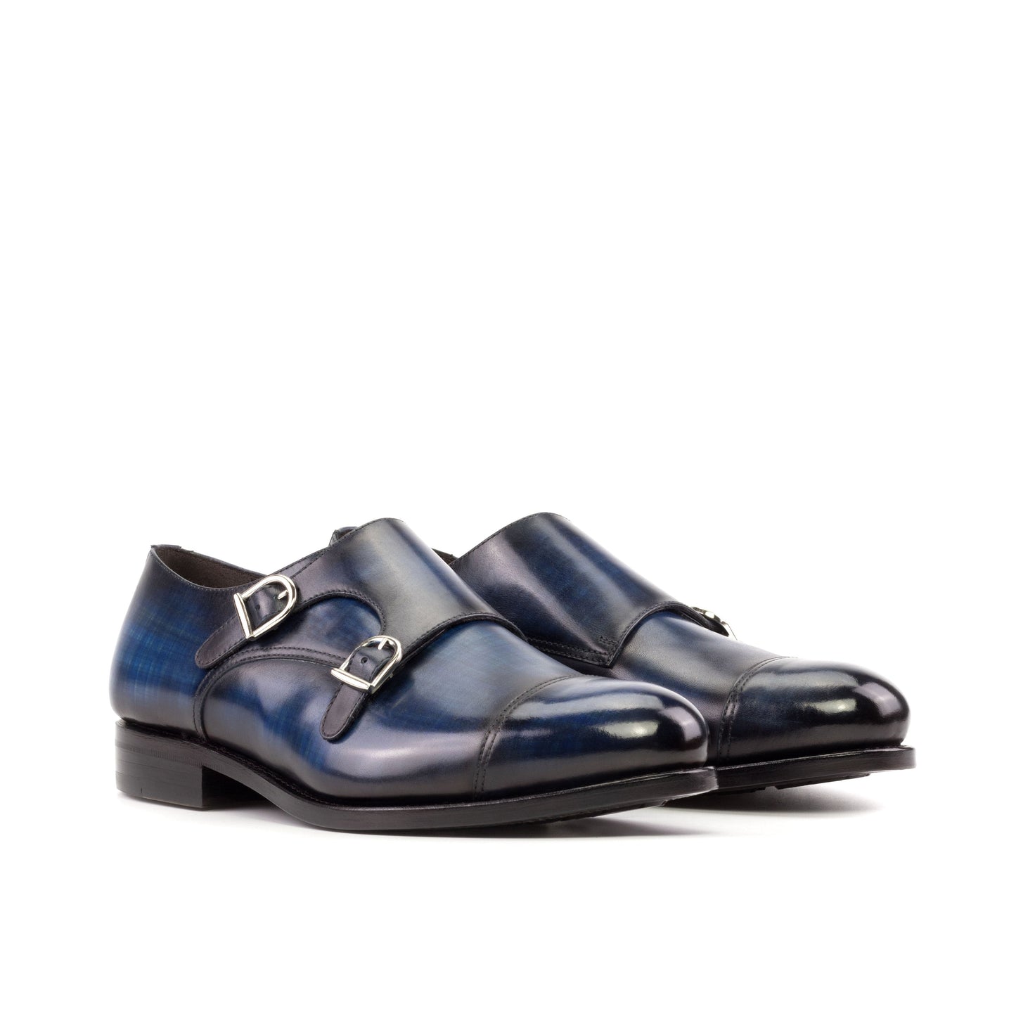 Double Monk Strap in Denim Patina Box Calf, front three-quarter view