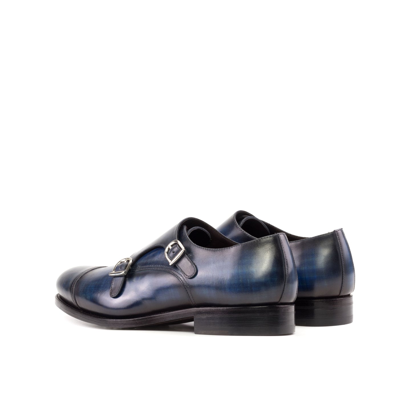 Double Monk Strap in Denim Patina Box Calf, rear three-quarter view