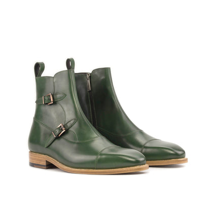 Double Buckle Boot in Forest Green Painted Box Calf, front three-quarter view