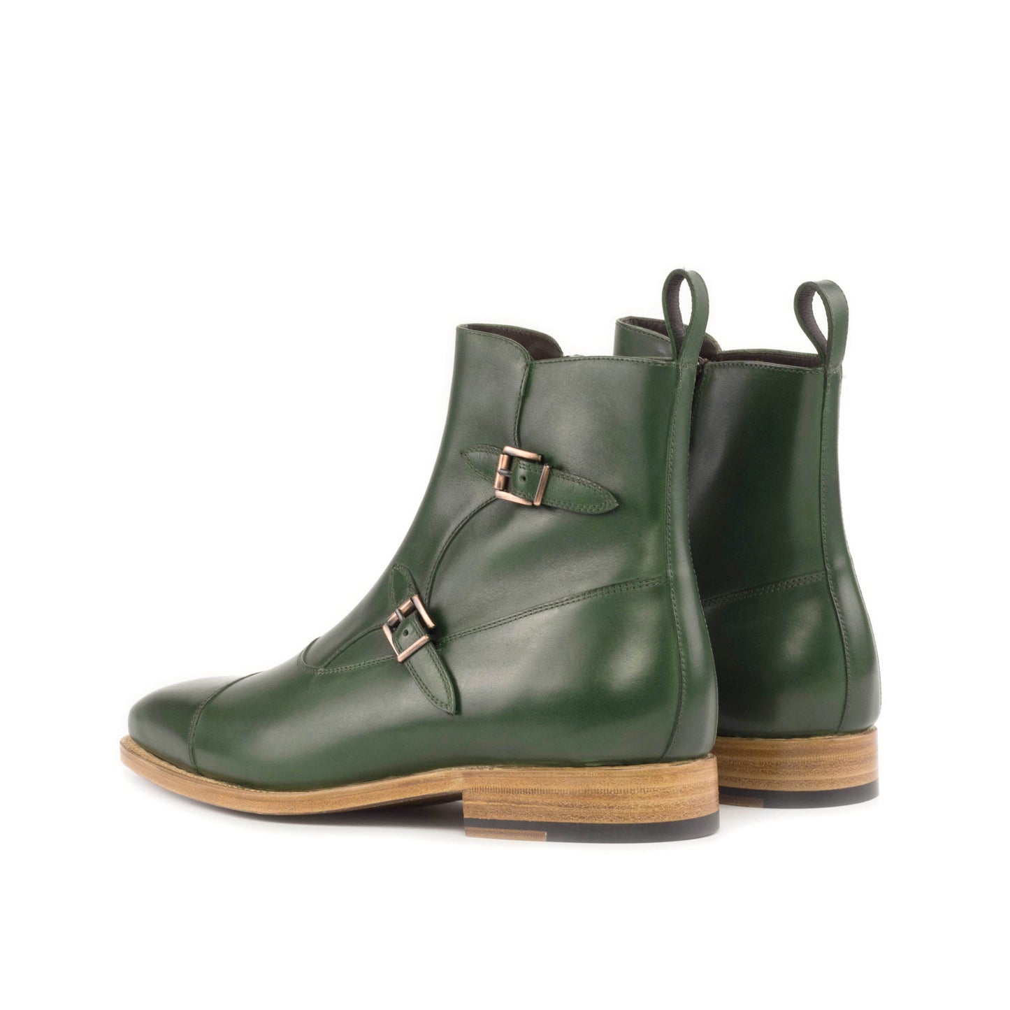 Double Buckle Boot in Forest Green Painted Box Calf, rear three-quarter view