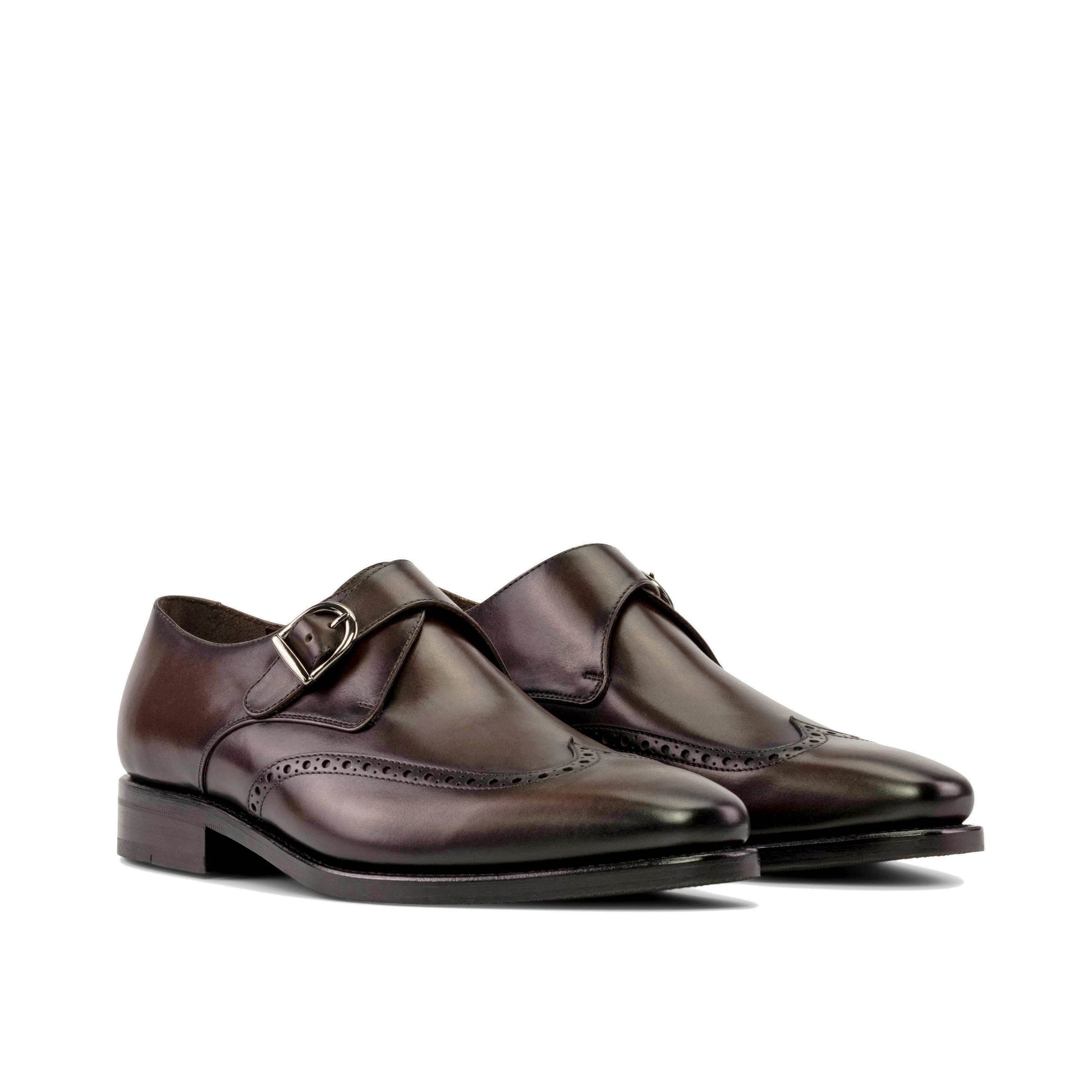Single Monk Strap in Black Herringbone Fabric and Burnished Dark Brown Box Calf, front three-quarter view