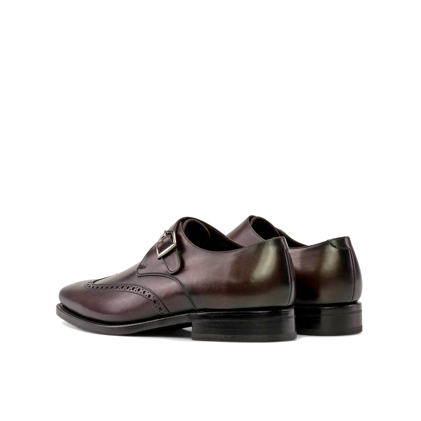 Single Monk Strap in Black Herringbone Fabric and Burnished Dark Brown Box Calf, rear three-quarter view