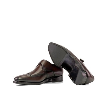 Single Monk Strap in Black Herringbone Fabric and Burnished Dark Brown Box Calf showing black leather and rubber combination sole