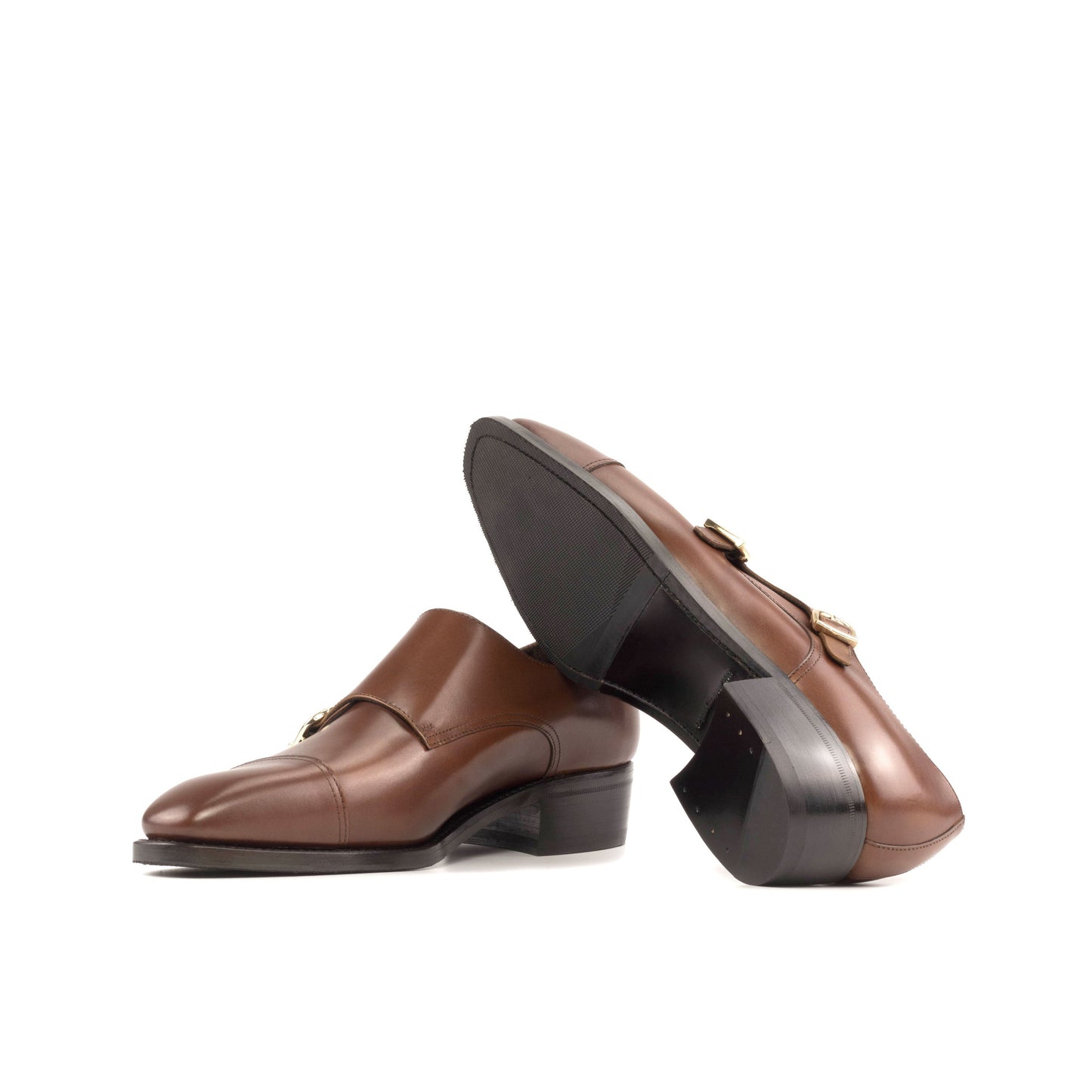 Double Monk Strap in Black Box Calf showing black leather and rubber combination sole