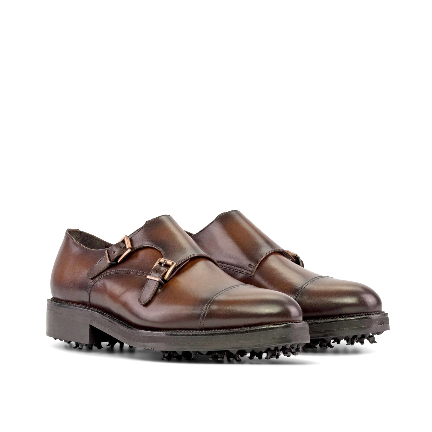 Double Monk Strap in Burnished Dark Brown Box Calf, front three-quarter view