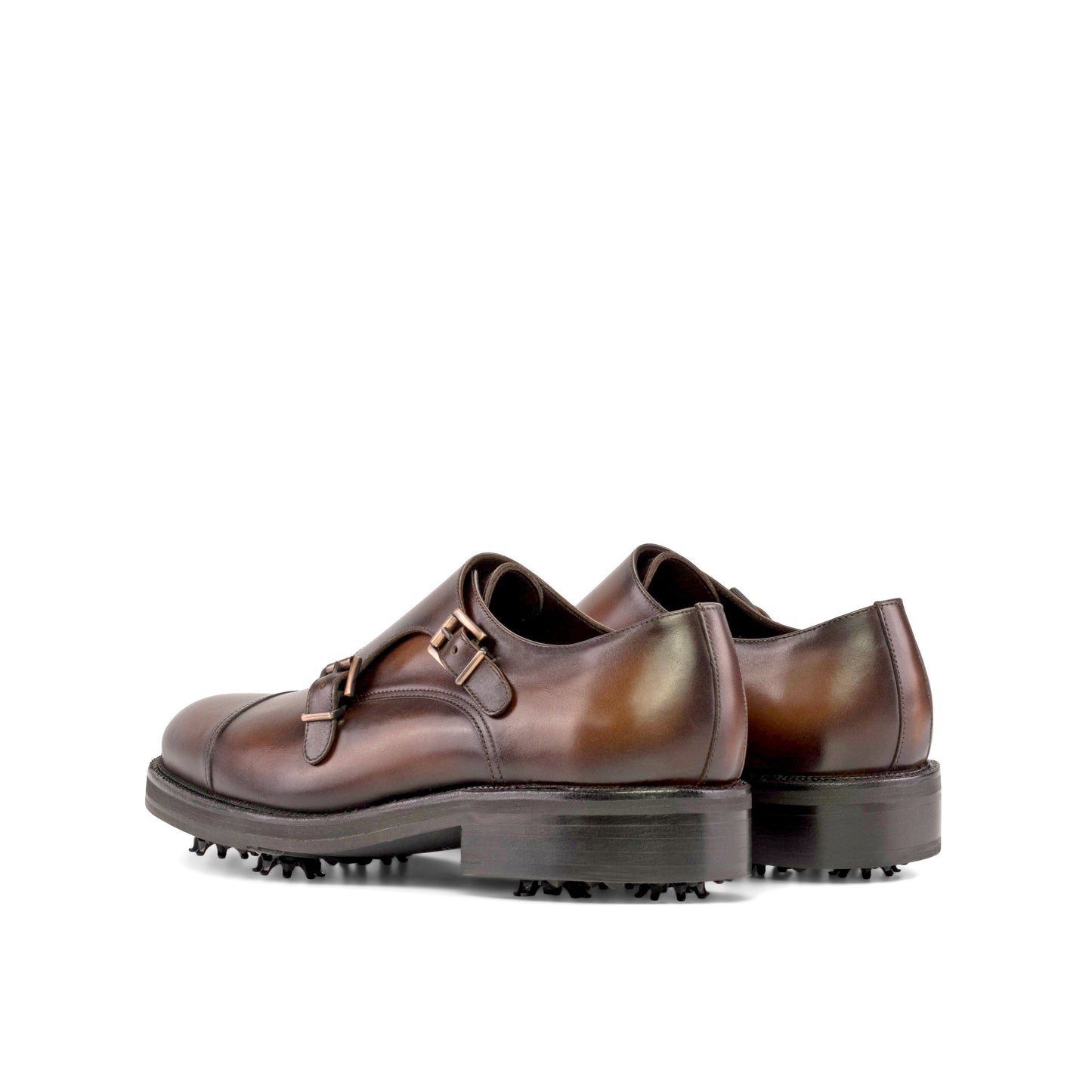Double Monk Strap in Burnished Dark Brown Box Calf, rear three-quarter view
