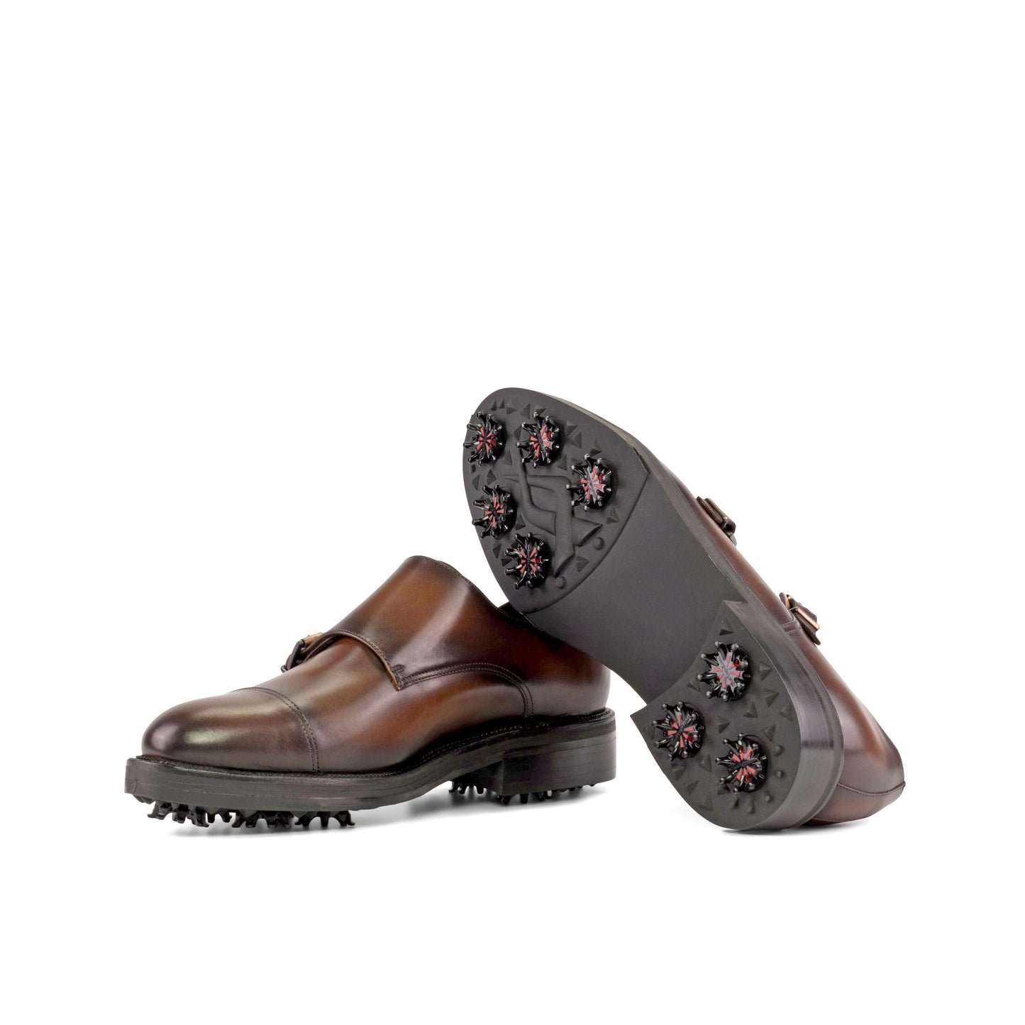 Double Monk Strap in Burnished Dark Brown Box Calf showing black leather and rubber Dots sole